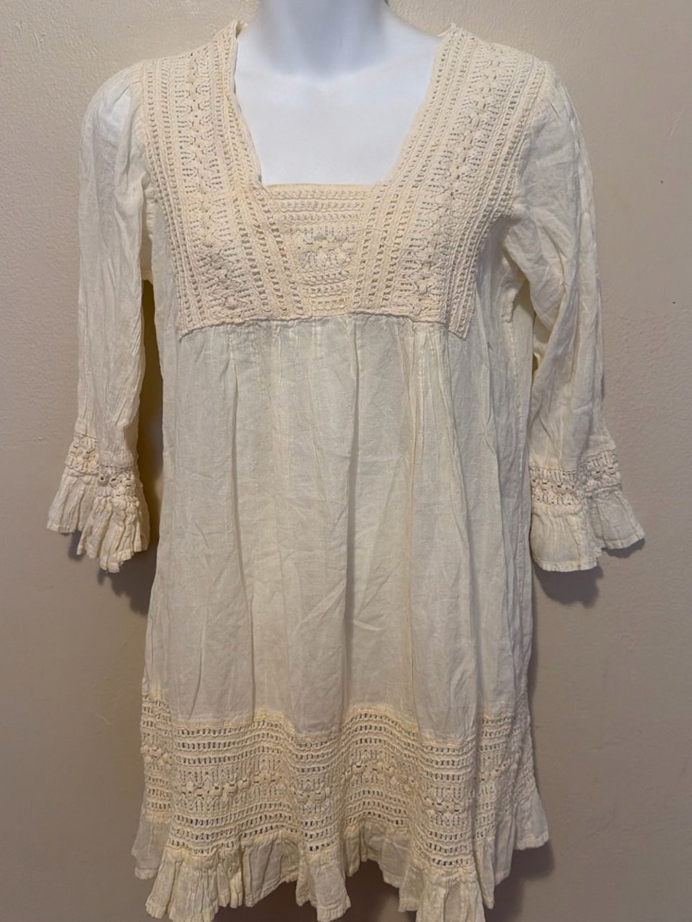 Boho Cream Crochet-Trim Mini Dress